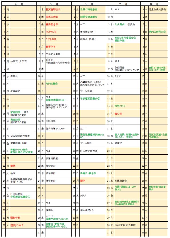 ２０１９年 行事予定表 １学期 四万十町立米奥小学校